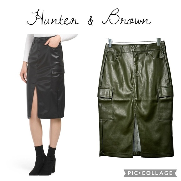 Hunter & Brown Vegan leather cargo midi skirt camo green size M NWT - Picture 1 of 13